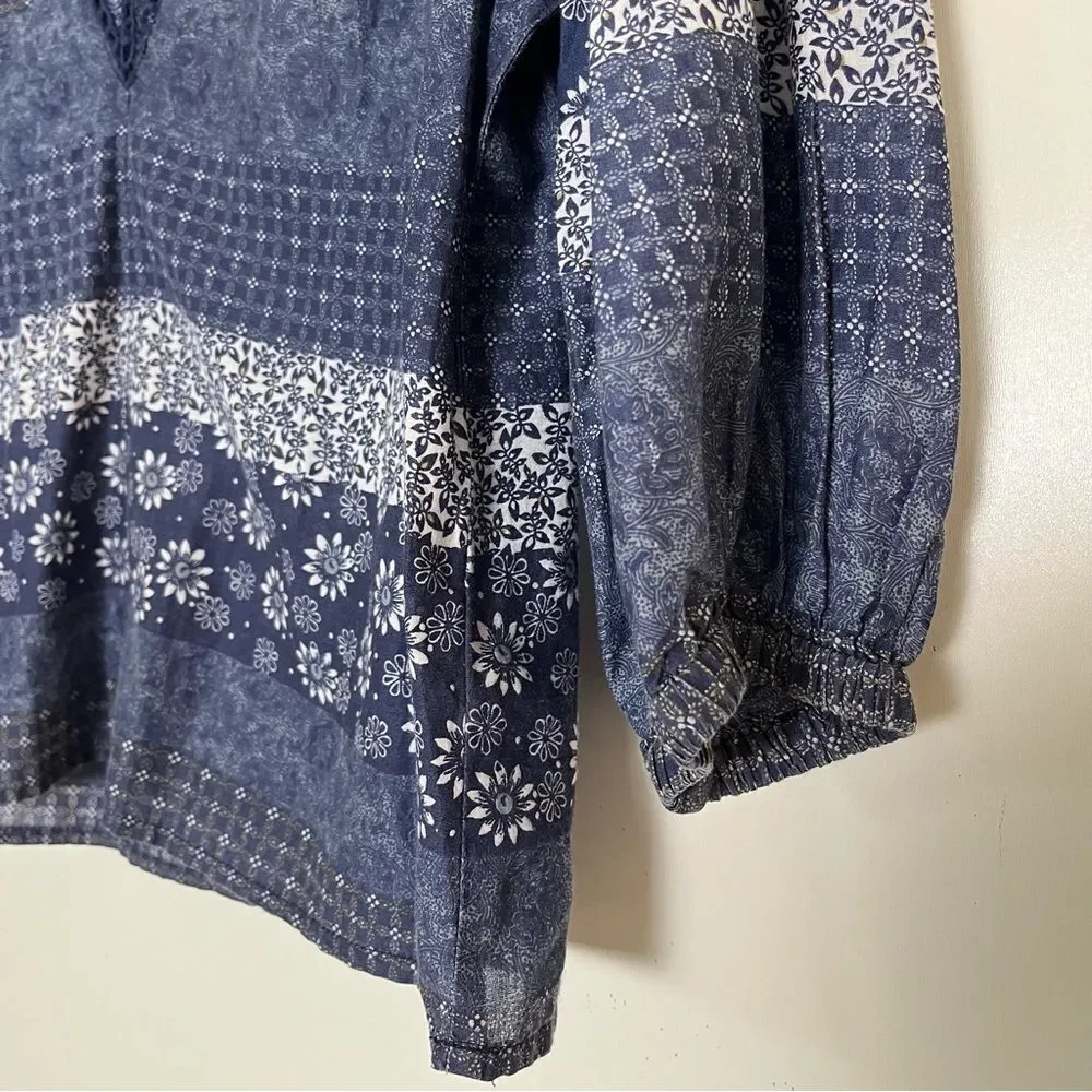 Anthropologie Eryn Boho Floral Blouse saison de la fleur Blue Cotton Top Small